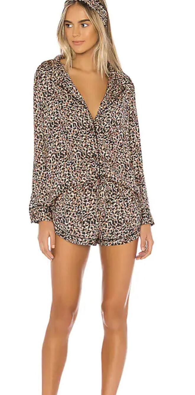 Plush Apparel Pajama Shorts & Shirt Set Silky Brown Cheetah Print Headband Sm